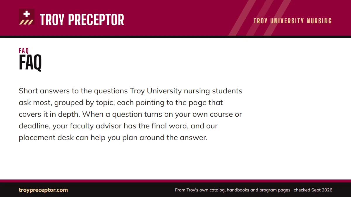 FAQ. Short answers to the questions Troy University nursing students ask most, grouped by topic, each pointing to the page that covers it in depth. When a question t