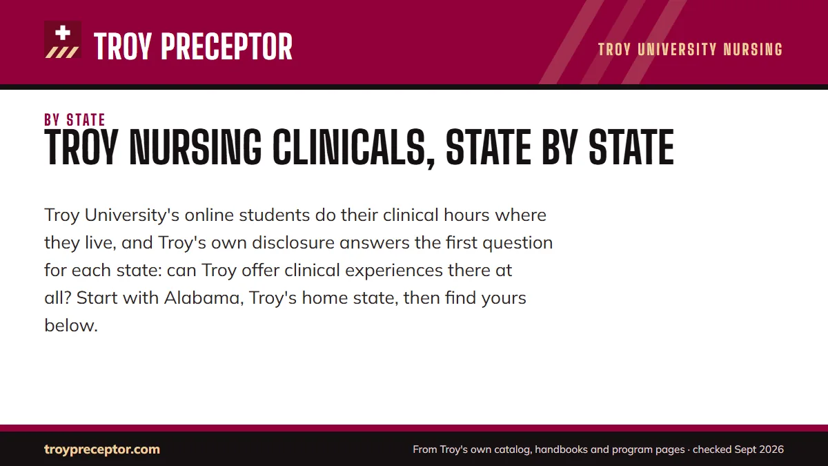 Troy nursing clinicals, state by state. Troy University's online students do their clinical hours where they live, and Troy's own disclosure answers the first question for each state: can Troy offer c