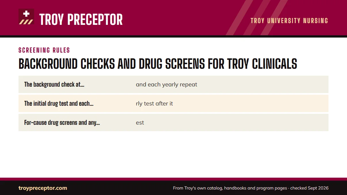 For-cause, agency and repeat tests: The background check at admission and each yearly repeat; The initial drug test and each yearly test after it; For-cause drug screens and any retest.