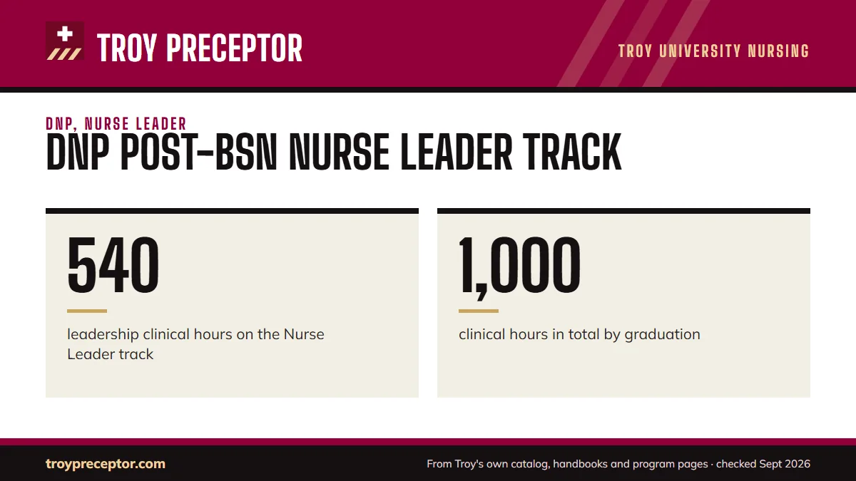 DNP post-BSN Nurse Leader track. 540: leadership clinical hours on the Nurse Leader track; 1,000: clinical hours in total by graduation.