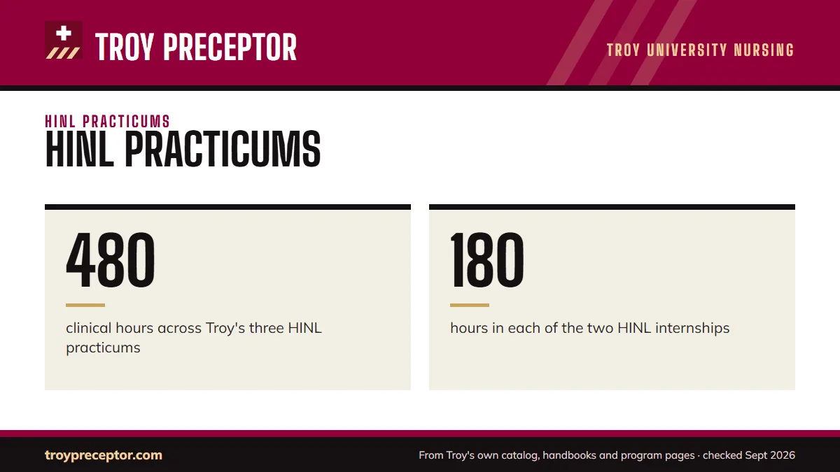 HINL practicums. 480: clinical hours across Troy's three HINL practicums; 180: hours in each of the two HINL internships.