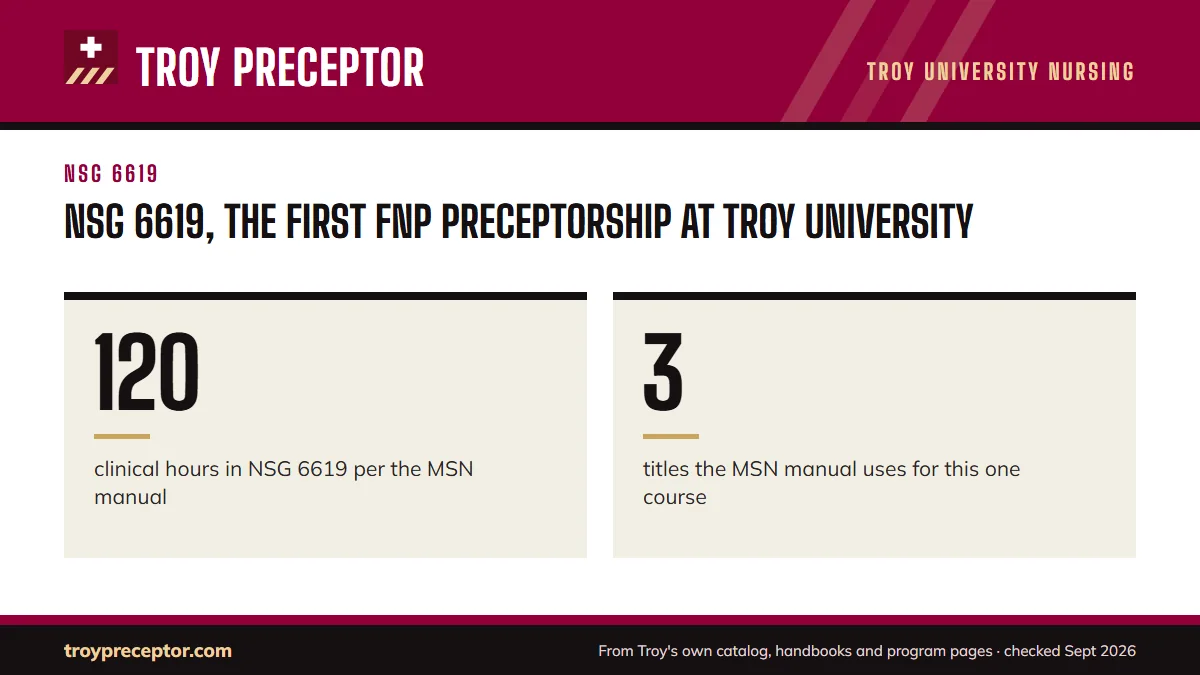 NSG 6619, the first FNP preceptorship at Troy University. 120: clinical hours in NSG 6619 per the MSN manual; 3: titles the MSN manual uses for this one course.