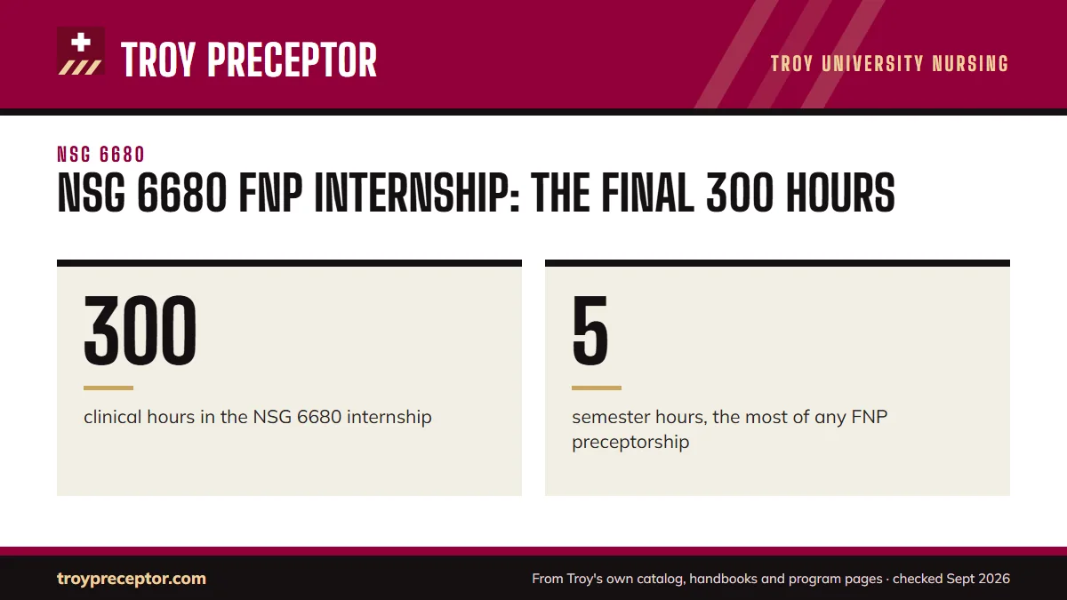 NSG 6680 FNP Internship: the final 300 hours. 300: clinical hours in the NSG 6680 internship; 5: semester hours, the most of any FNP preceptorship.