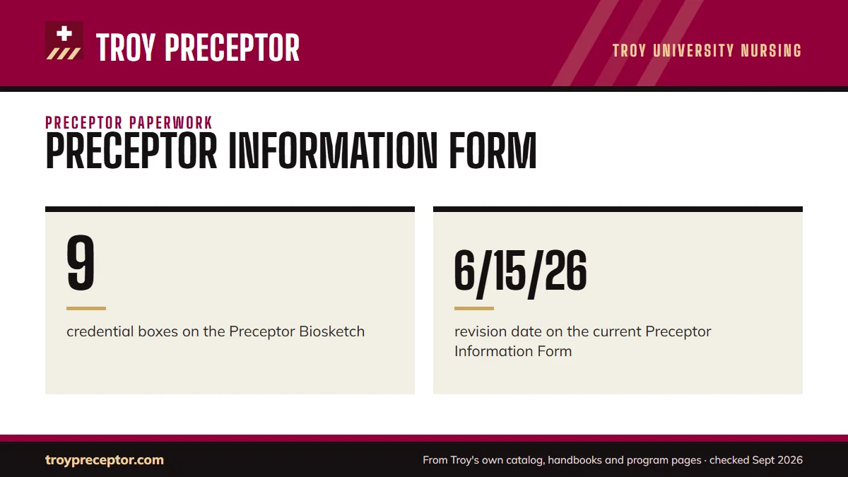 Preceptor Information Form. 9: credential boxes on the Preceptor Biosketch; 6/15/26: revision date on the current Preceptor Information Form.